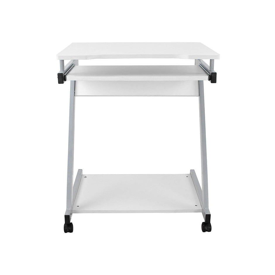 Z-Shaped Computer Desk – Wood – White – Mobile with Sliding Keyboard and Wheels
