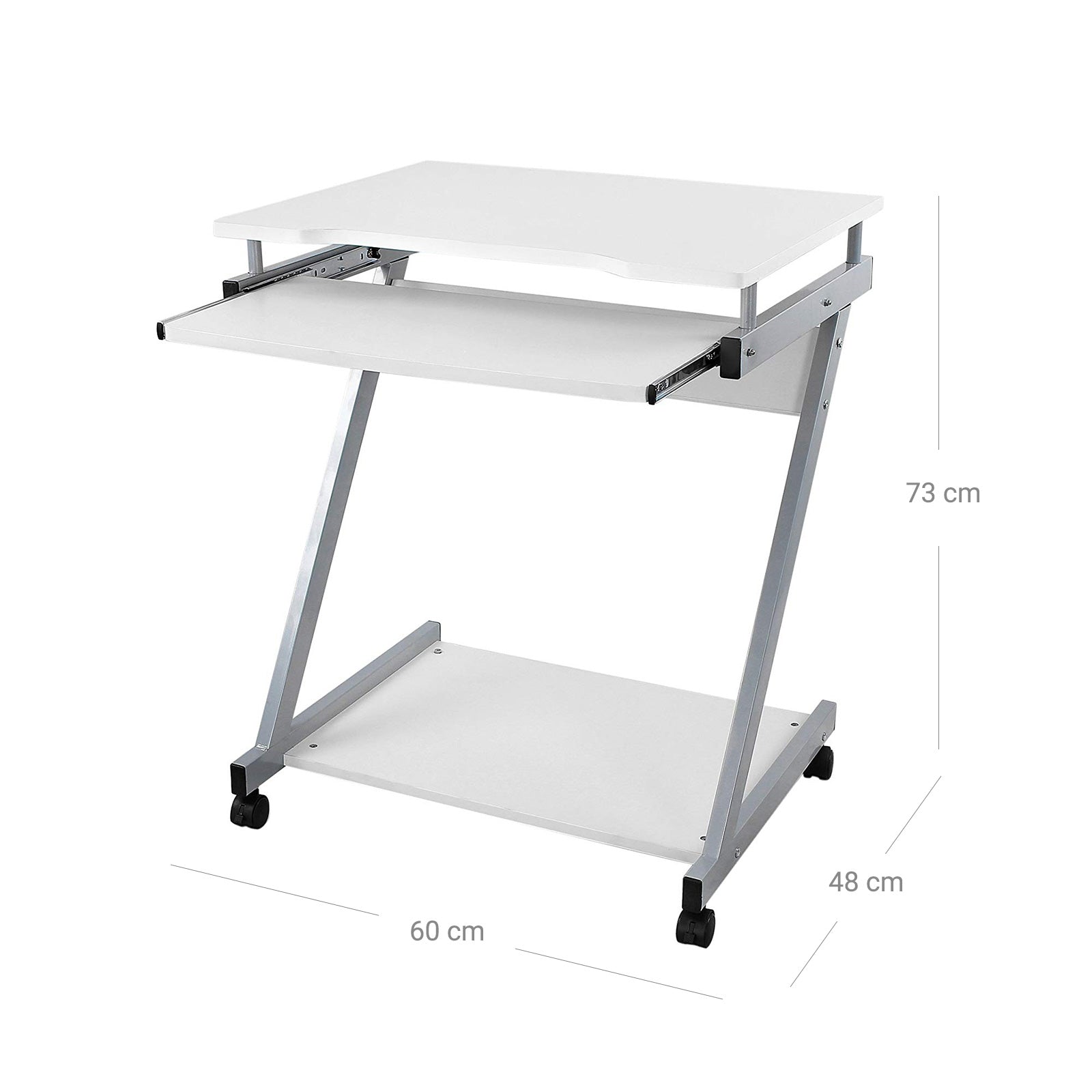 Z-Shaped Computer Desk – Wood – White – Mobile with Sliding Keyboard and Wheels