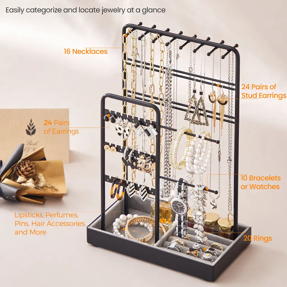 Jewelry Organizer – Metal – Clear – Multi-Functional Display Stand with Velvet Tray