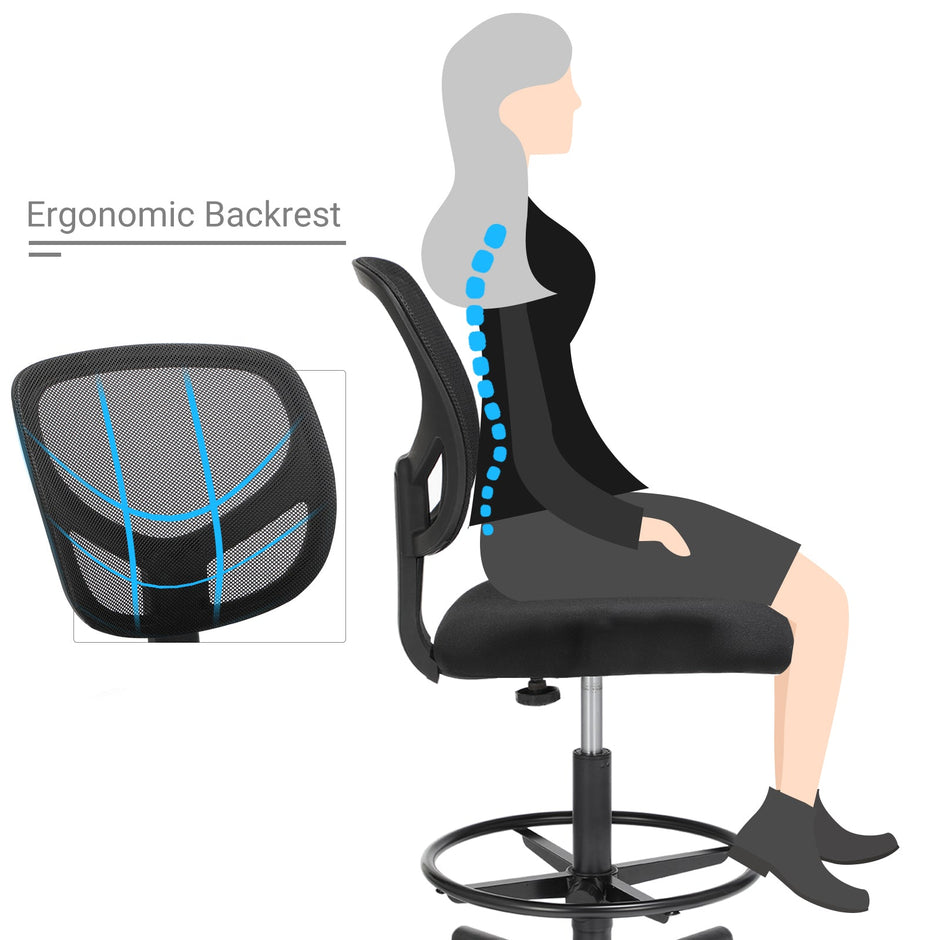 Drafting Stool Chair – Mesh – Black – Ergonomic Design with Adjustable Height Footrest
